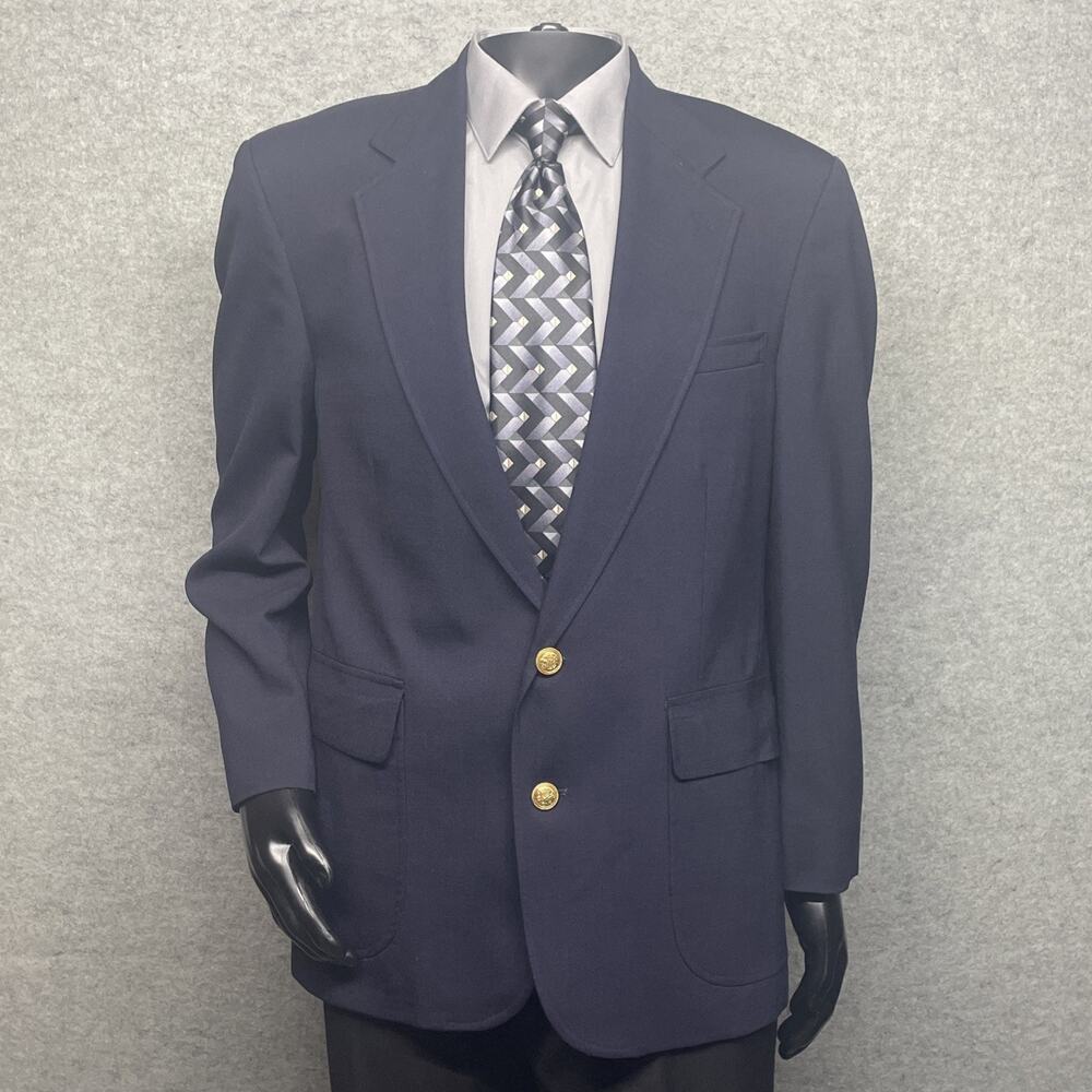 Vtg Lands End Gold Button Navy‎ Blazer Mens 48R Wool Suit Jacket Sport Coat READ